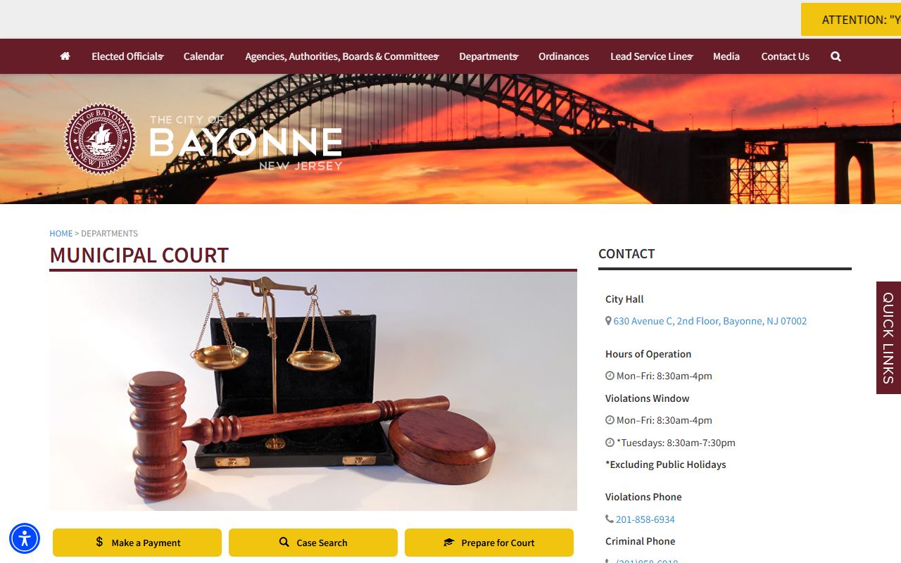 Bayonne Municipal Court information for criminal history cases
