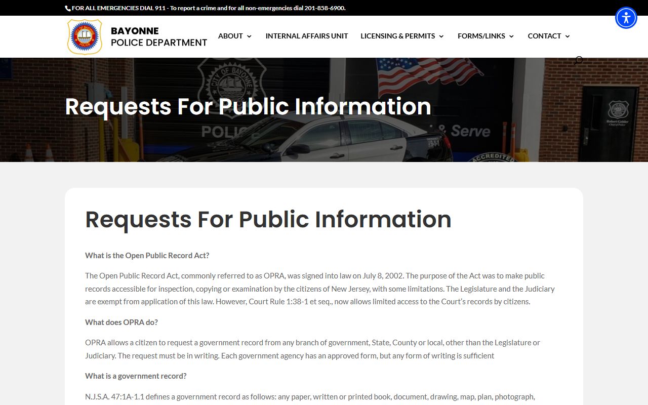 Bayonne Police OPRA request page for criminal history records