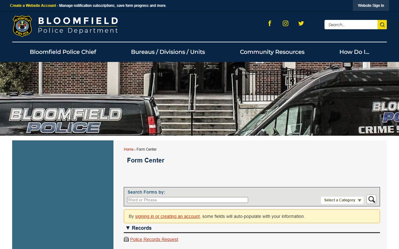 Bloomfield Police online records request form for criminal history