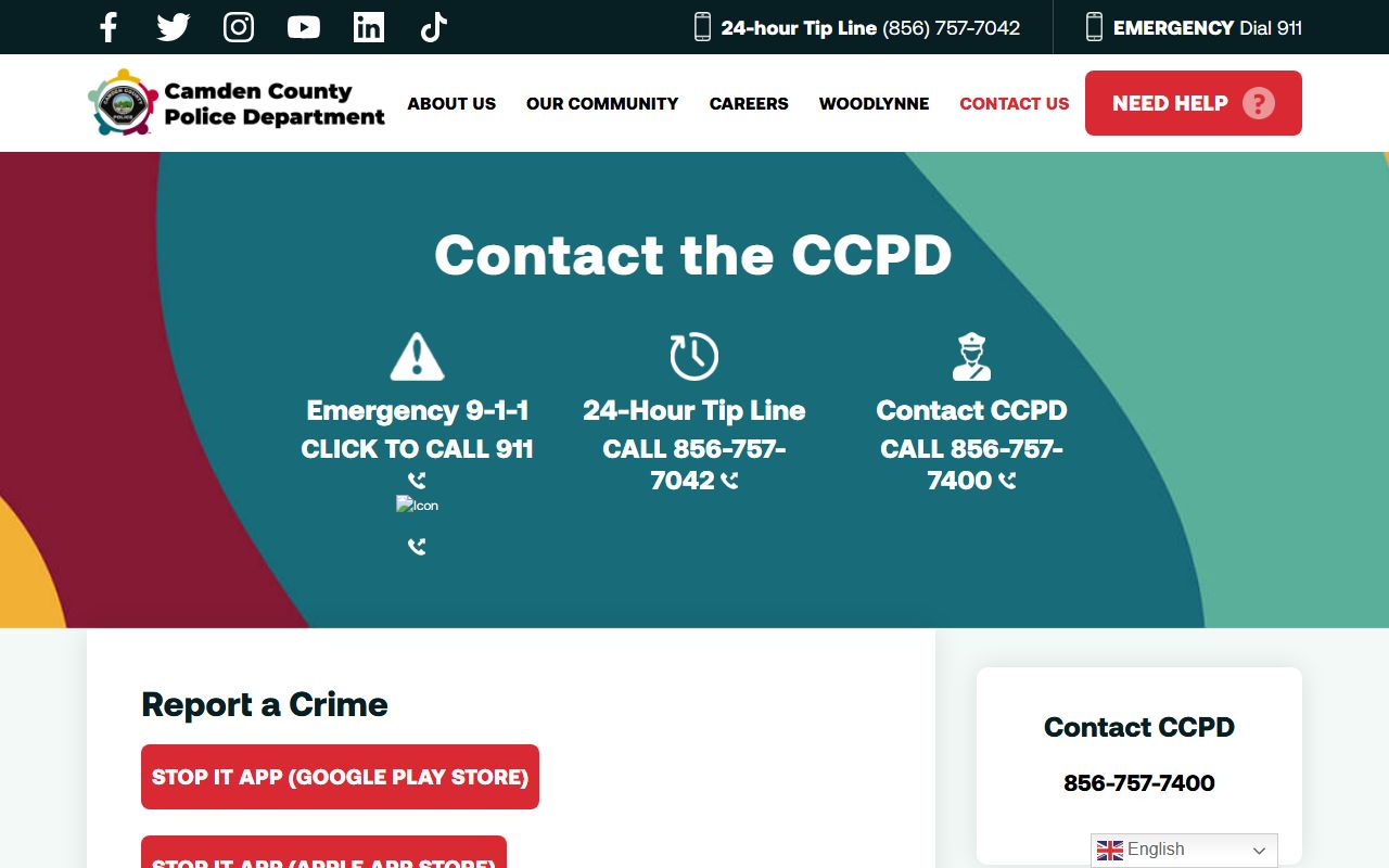 Camden County Police contact page for criminal history record requests