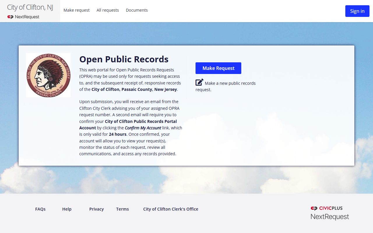 Clifton OPRA request portal for obtaining criminal history records
