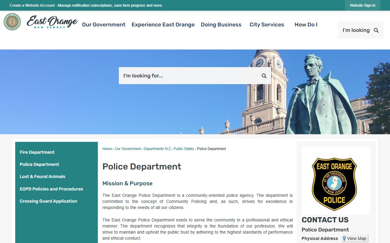 East Orange Police Department page for criminal history information