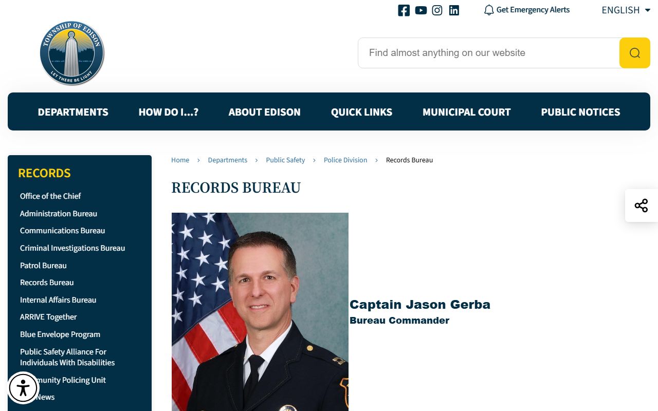 Edison Township Records Bureau criminal history records services