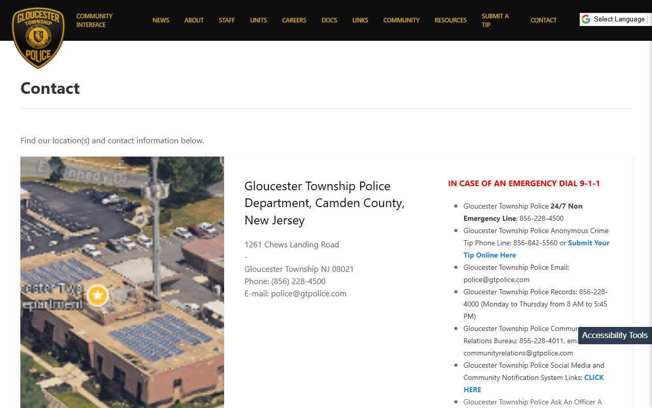 Gloucester Township Police contact page for record requests