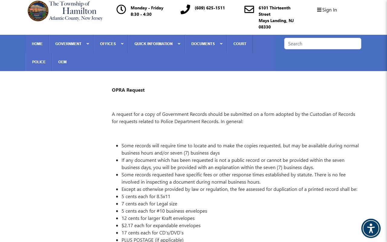 Hamilton Township OPRA criminal history records request information