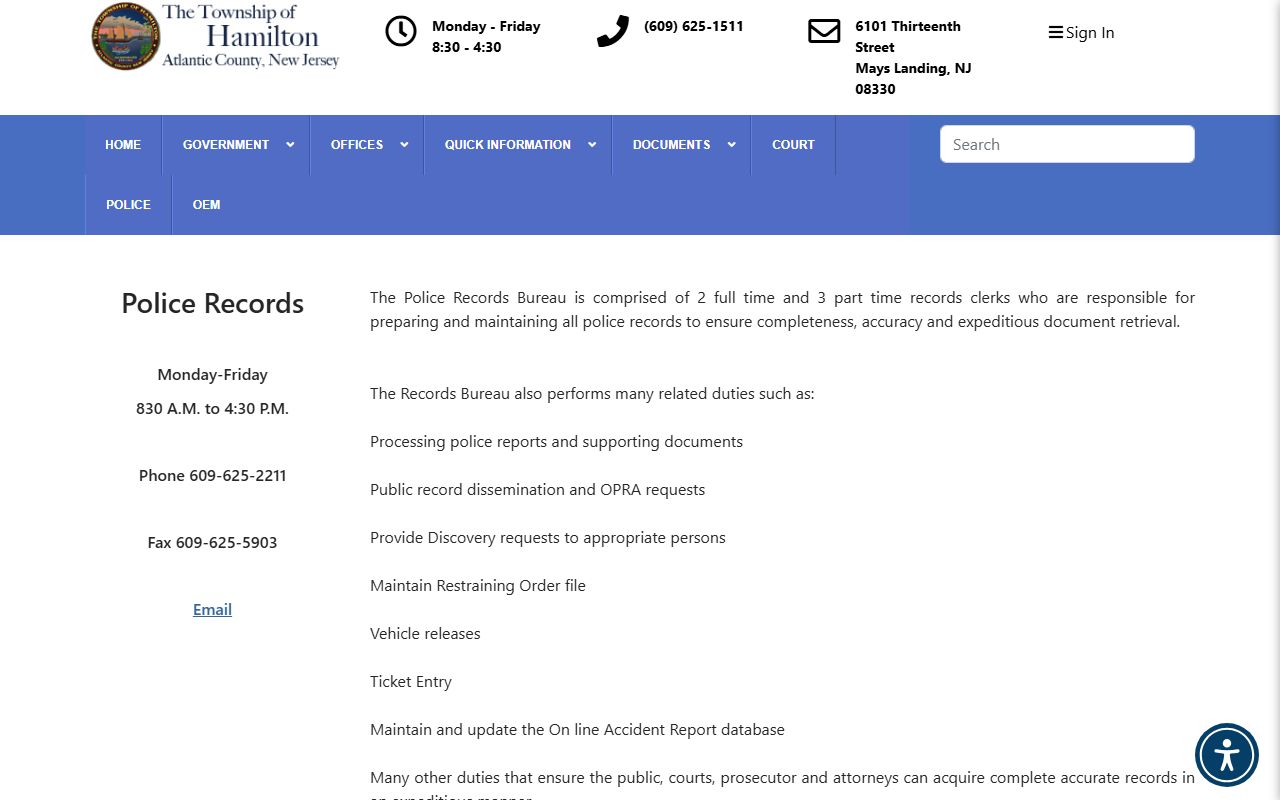 Hamilton Township Police Records Bureau criminal history records