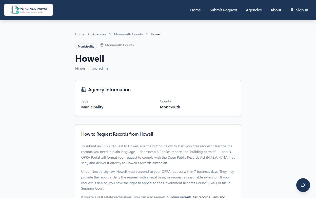 Howell Township OPRA portal for criminal history records requests