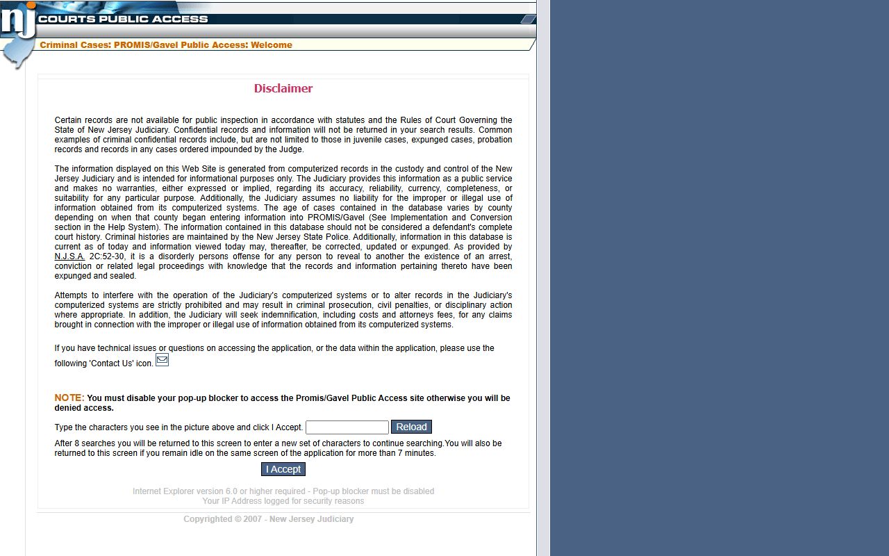 PROMIS/Gavel public access portal Jersey City criminal history records