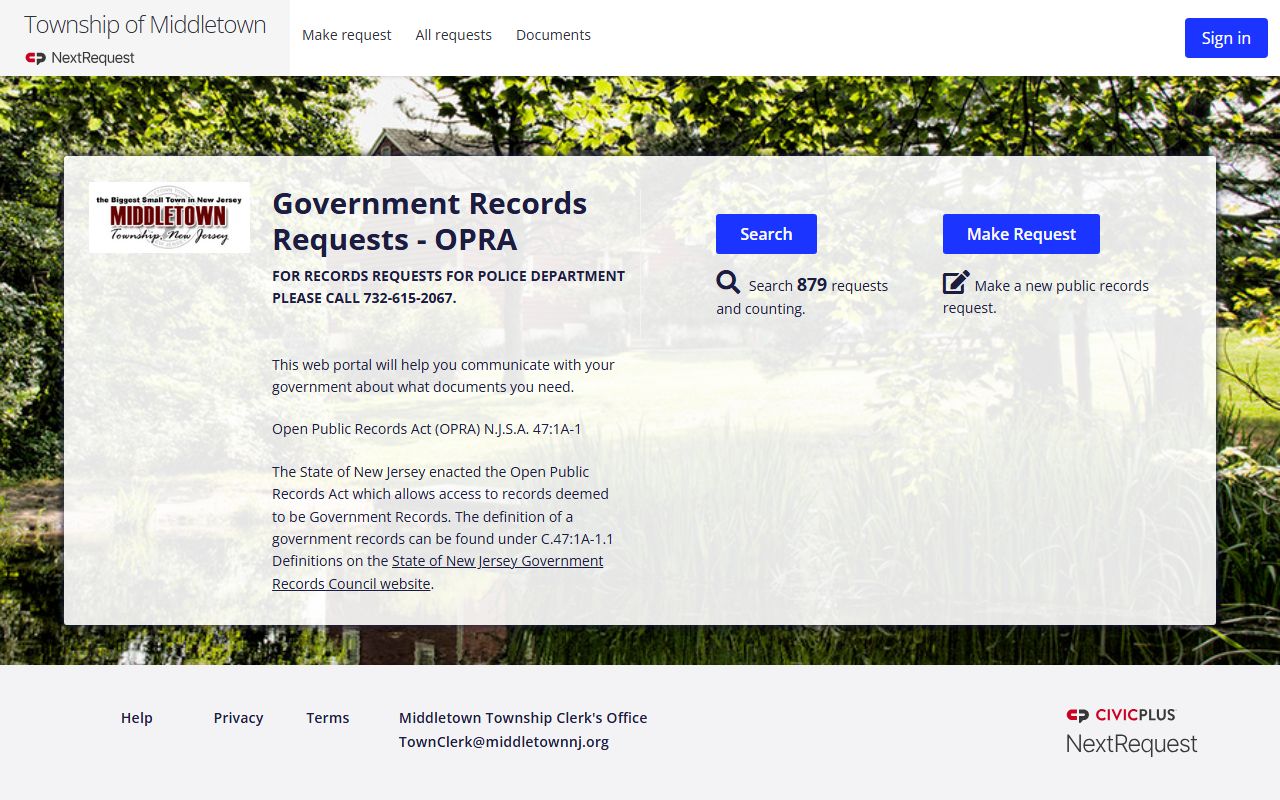 Middletown Township OPRA portal for criminal history record requests