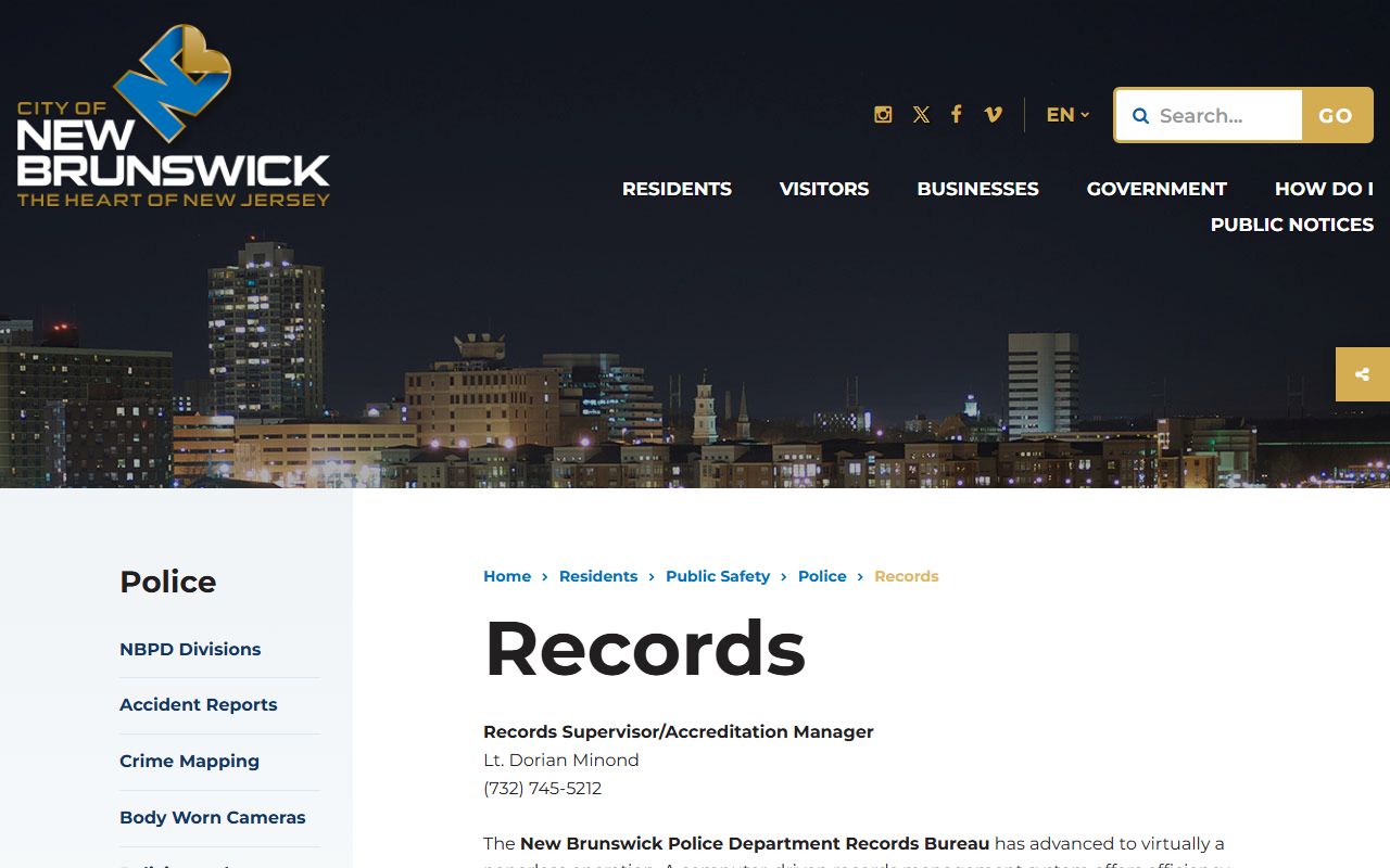 New Brunswick Police Records Bureau for criminal history access