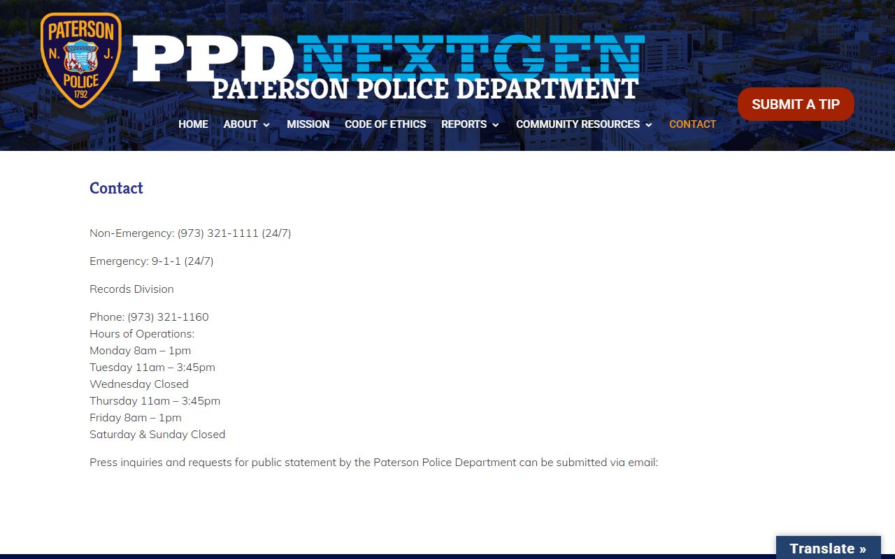 Paterson Police Department criminal history records office