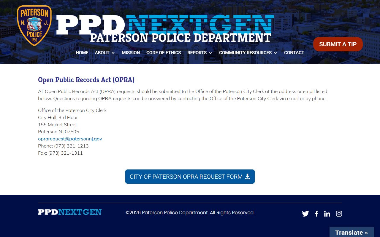 Paterson Police OPRA criminal history records request information