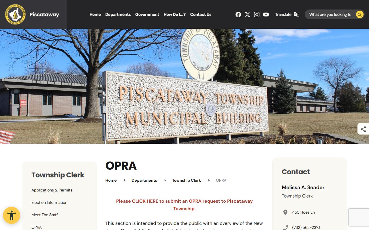 Piscataway Township OPRA portal for criminal history record requests