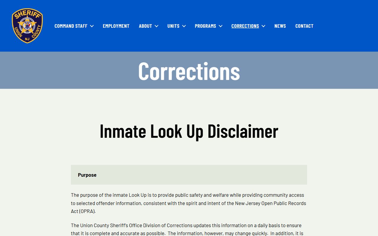 Union County inmate lookup for Plainfield criminal history records
