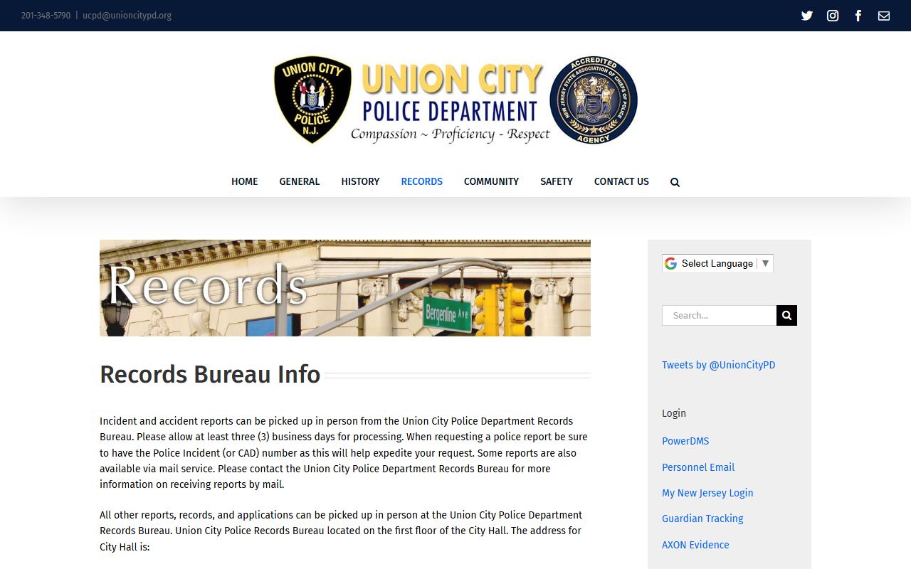 Union City Police Records Bureau for criminal history document access