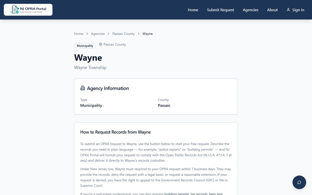Wayne Township OPRA portal for criminal history records requests