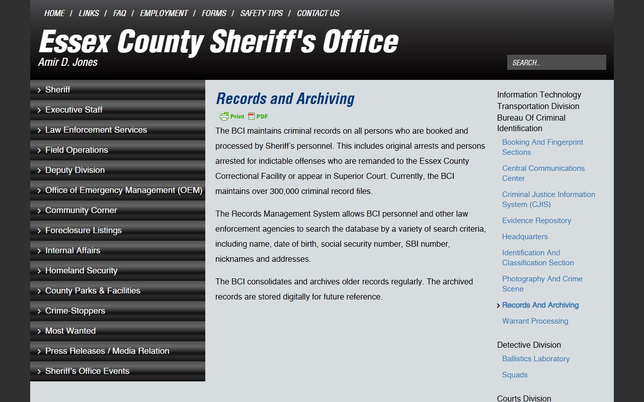 Essex County Sheriff records and archiving for criminal history