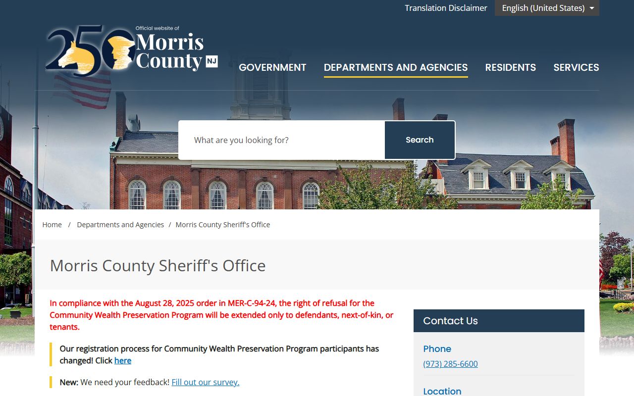 Morris County Sheriff website for criminal history records