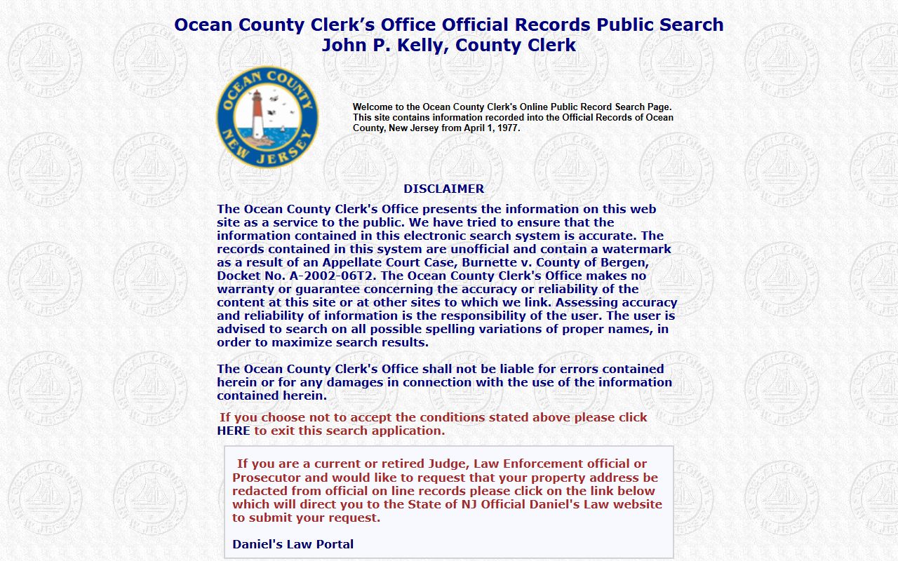Ocean County property search application for records lookup