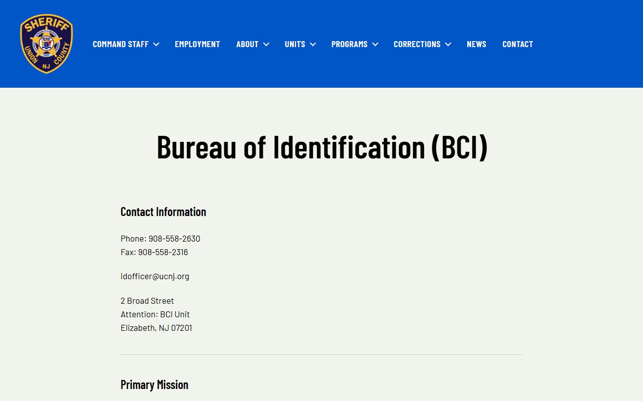 Union County Bureau of Criminal Identification for criminal history processing