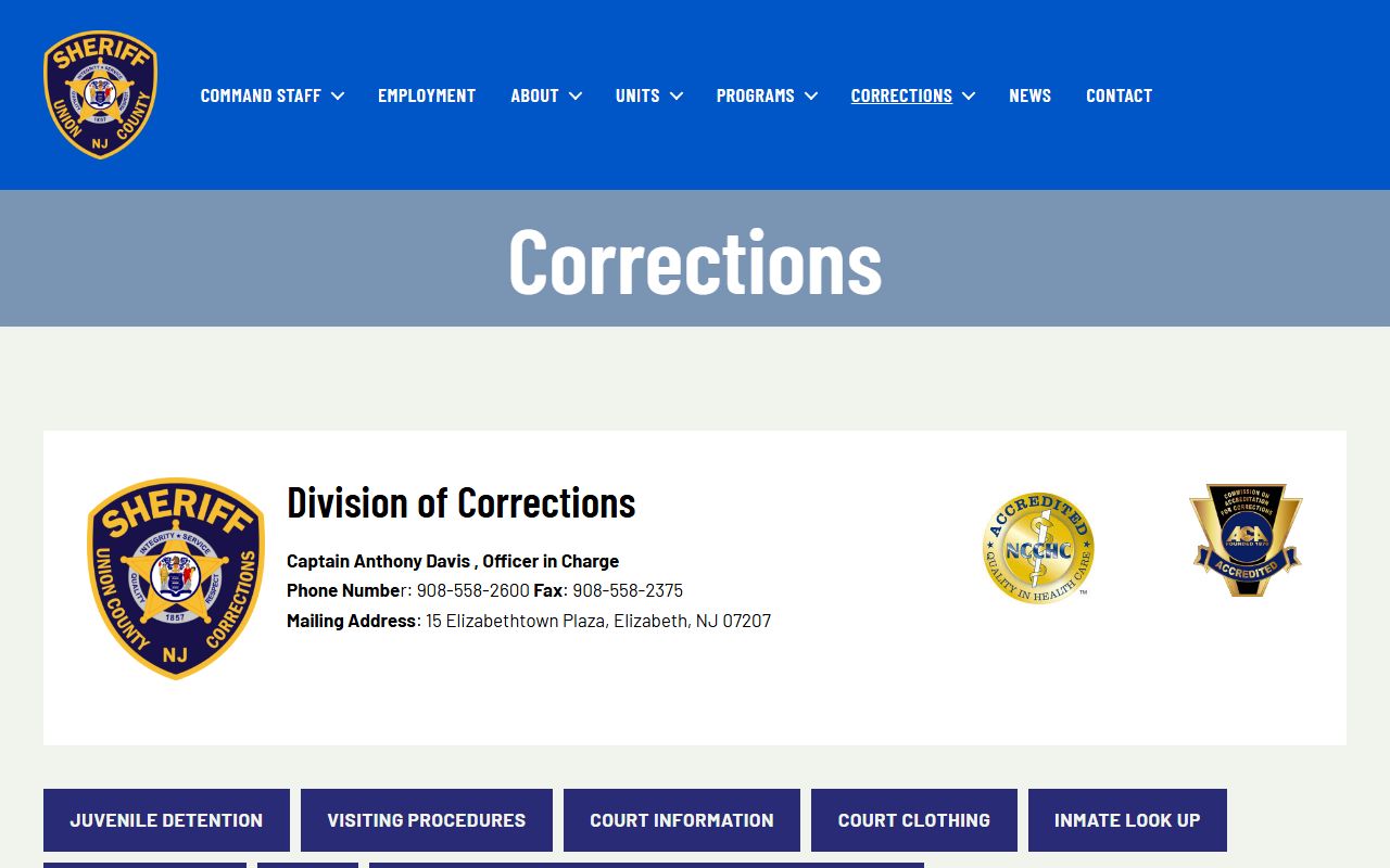 Union County corrections facility for criminal record data