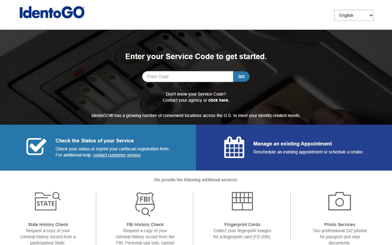 IdentoGO fingerprint scheduling page for New Jersey criminal history checks