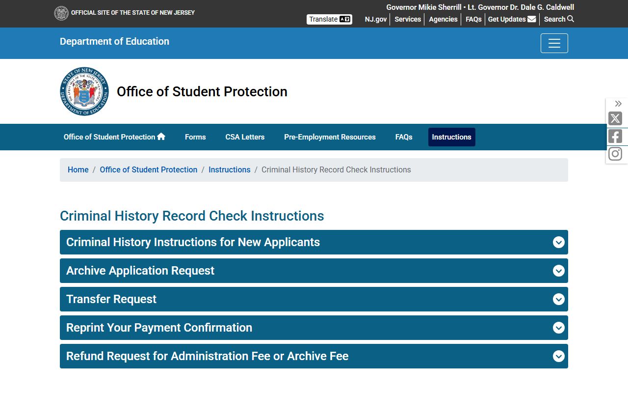New Jersey Department of Education criminal history check requirements page