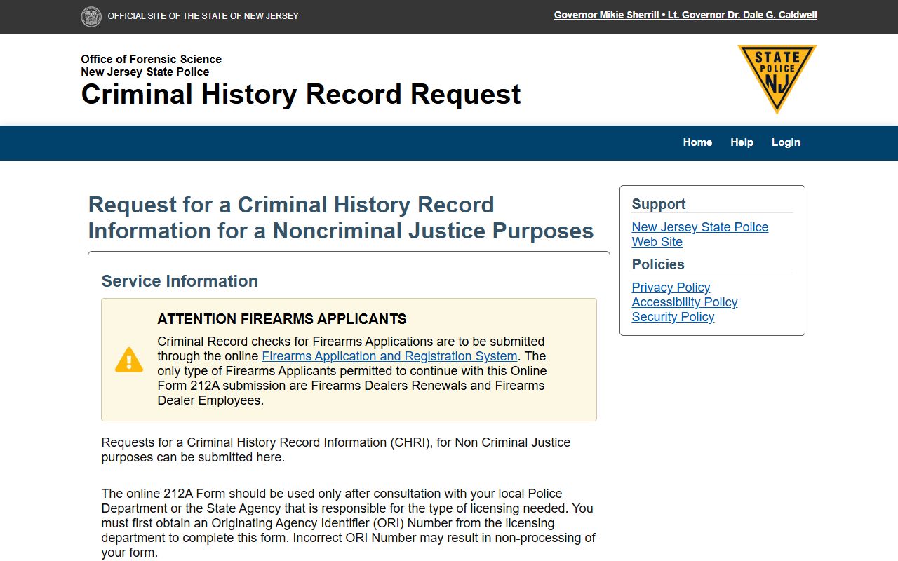 New Jersey State Police Portal Form 212A for criminal history record checks