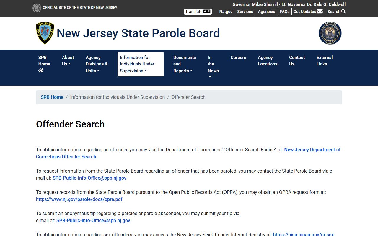 New Jersey State Parole Board offender search for criminal history records
