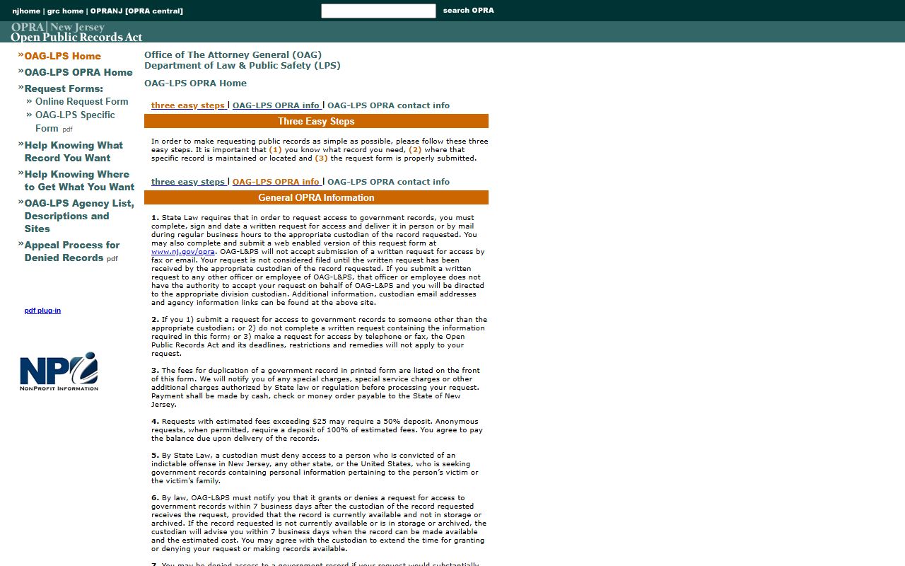 New Jersey OPRA information page for public access to criminal history records